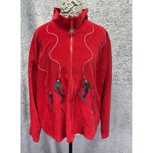 Belle Pointe Vintage Womens XL Red Velour Zip Jacket‎ People Skiing Snowflake
